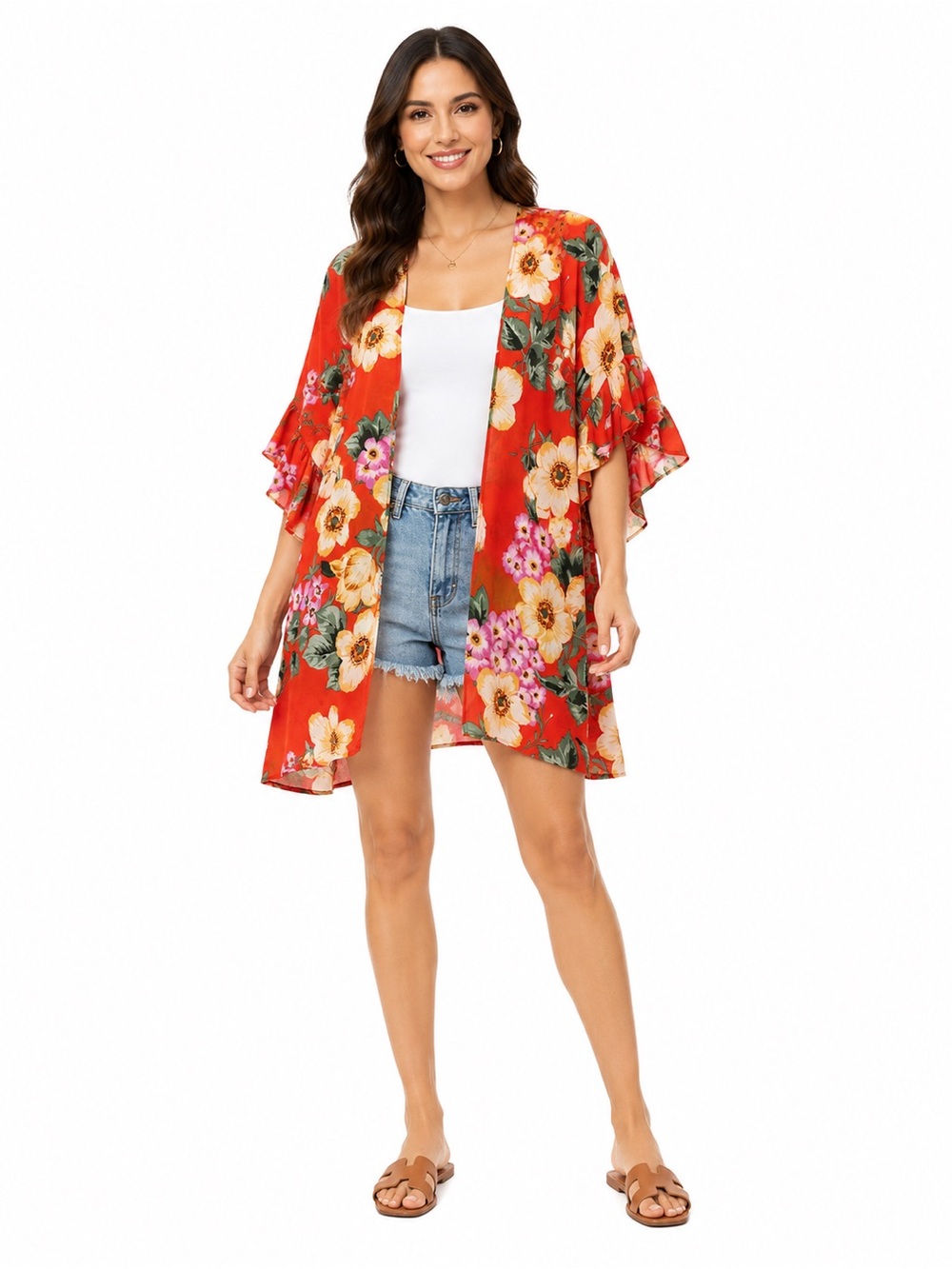 Promesa Orange Floral Kimono Cover Up Ruffle Sleeve Boho Festival OS EUC